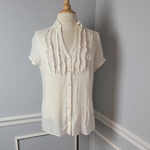 EXPRESS Cream Raw Edge Pin Tuck Short Sleeve Office V-Neck Button Down Blouse S